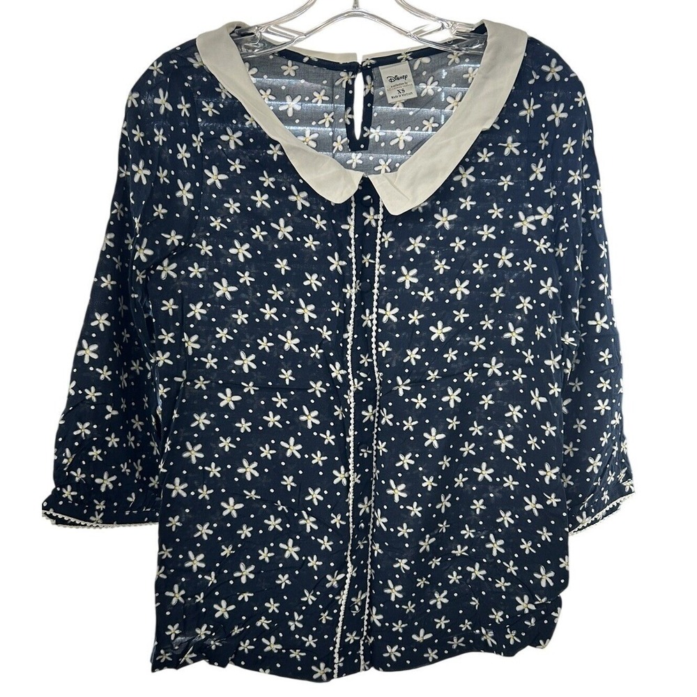 Disney LC Lauren Conrad‎ Womens Navy Blue Floral Peter Pan Collar Blouse XS